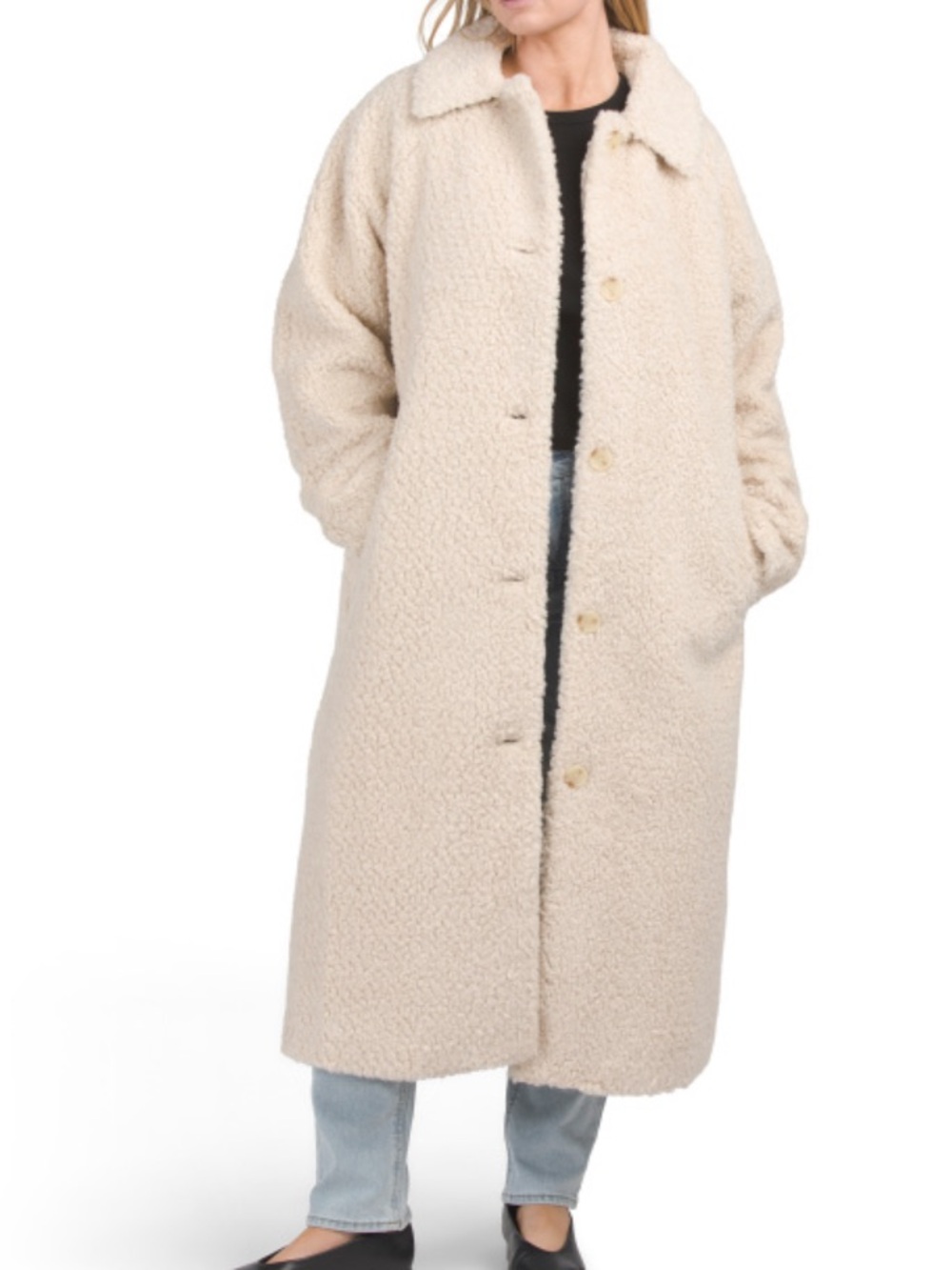 Marine Layer Cream Faux-Sherpa Long Button Coat